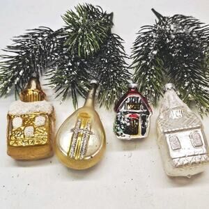 4 Vintage West Germany Mercury Glass Christmas Tree Ornaments Mica Glitter